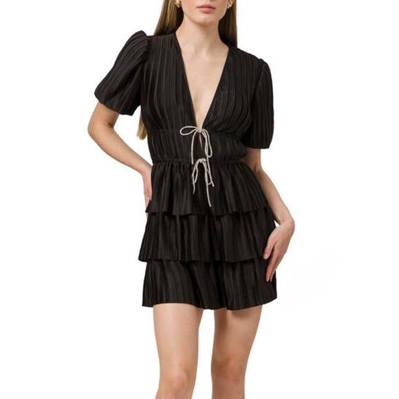 NWT WAYF Tiered Ruffle Satin Black Mini Dress - Picture 3 of 7